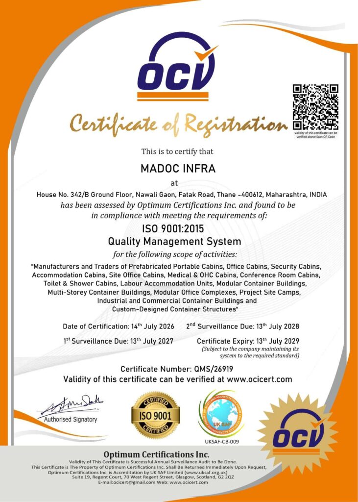 ISO 9001:2015 Certificate of Registration for Madoc Infra, certificate number QMS/26919